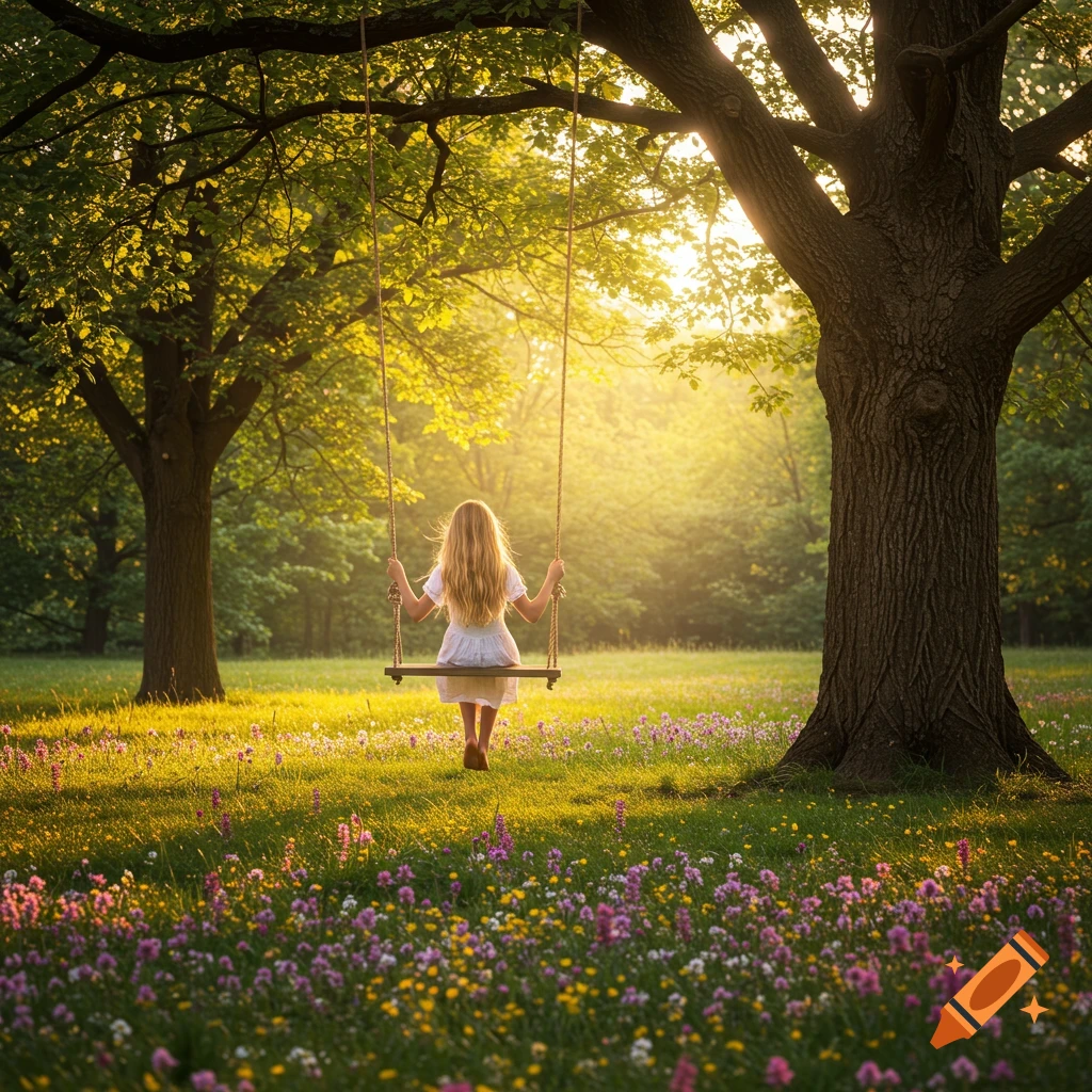 A blonde girl on a swing under a large tree in a sunlit park with wildflowers.