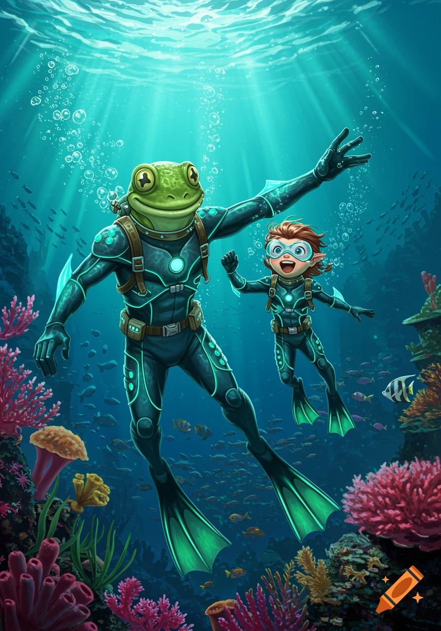A cheerful frog-like character and a child in futuristic scuba gear swim over a vibrant coral reef in a colorful illustration.