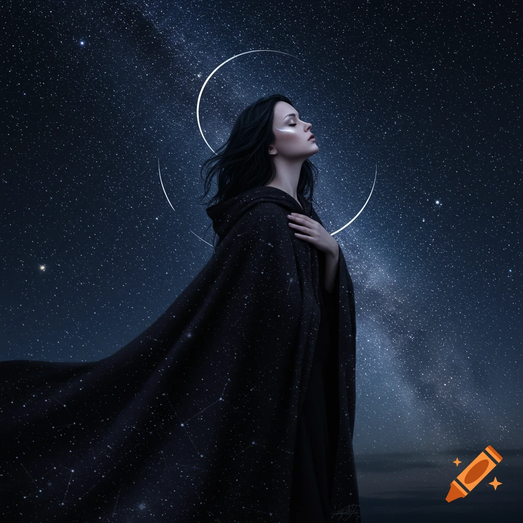 A woman in a dark, star-patterned cloak looks up at a crescent moon and a vast starry night sky.