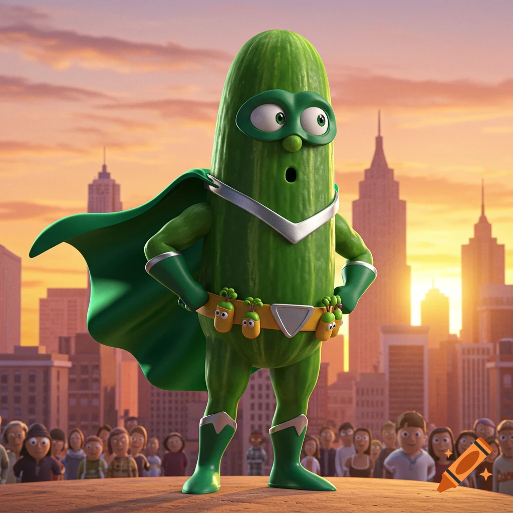 A cartoon cucumber superhero in a green suit and cape stands on a building rooftop against a city skyline at sunset.