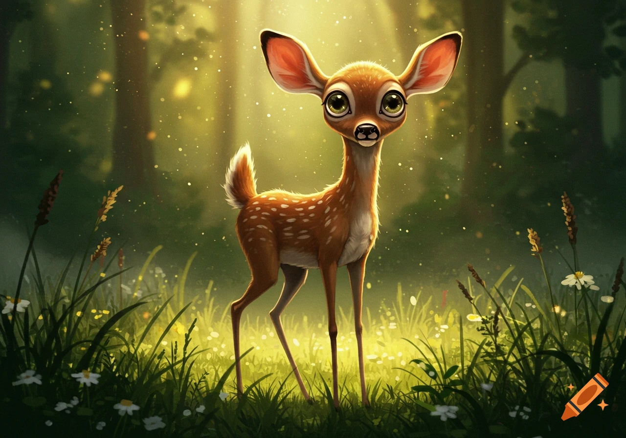 A cute, cartoon-style fawn with big eyes stands in a sunlit forest clearing filled with flowers and sparkling light.
