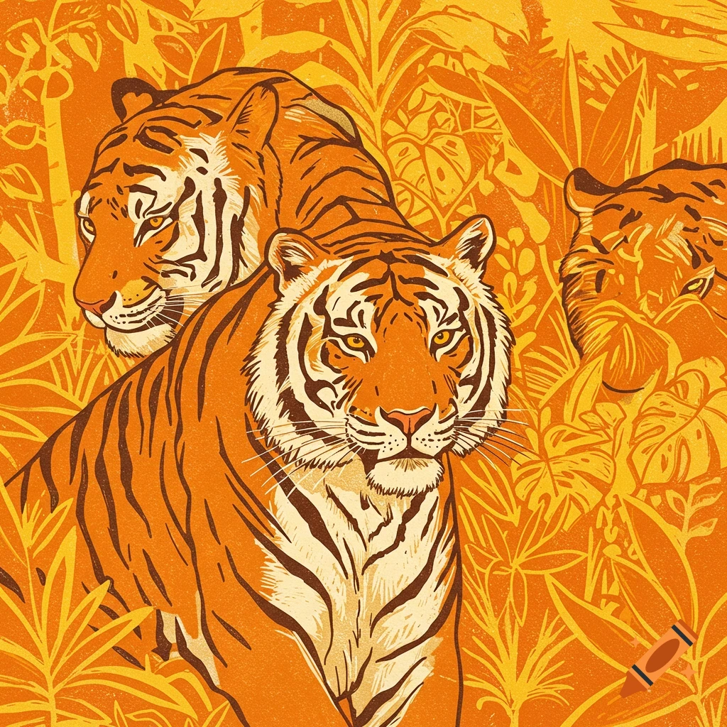 Linocut illustration of three tigers in an orange and yellow jungle with lush foliage.