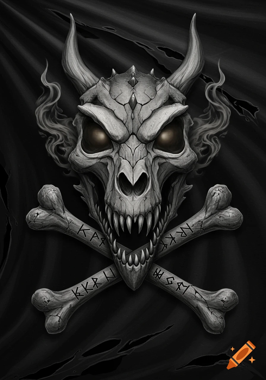 A detailed gray dragon skull with glowing eyes and horns, set over crossed bones with etched runes, against a dark, tattered fabric background.