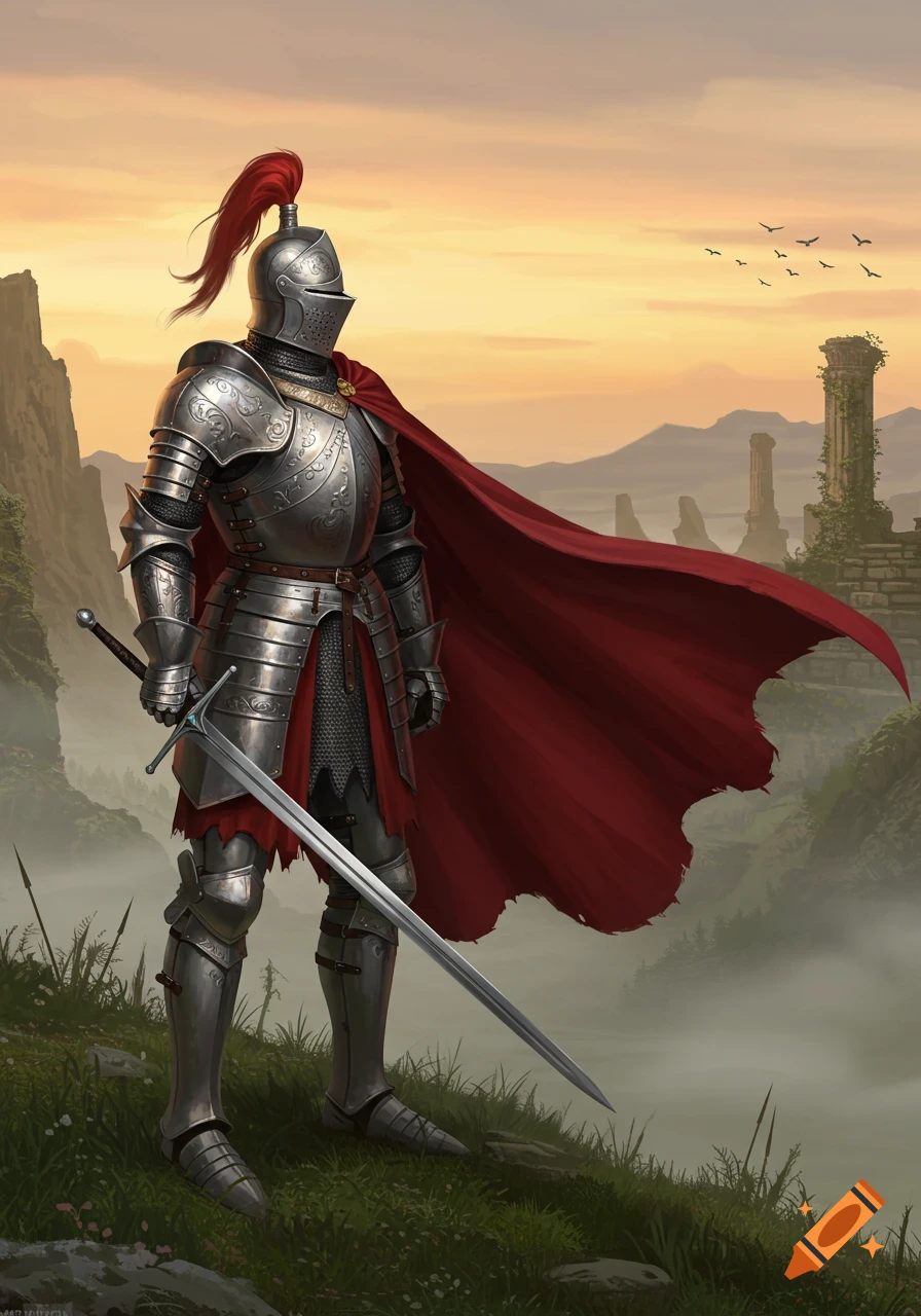 A knight in shining silver armor and red cape holds a sword, standing on a grassy hill overlooking ruins at sunset.