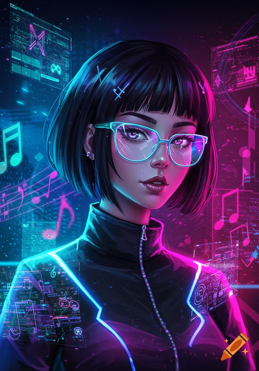 An anime girl with short black hair and bangs, wearing glowing neon glasses and a black jacket with neon blue accents, in a cyberpunk setting with holographic screens displaying data and musical notes in magenta and blue.