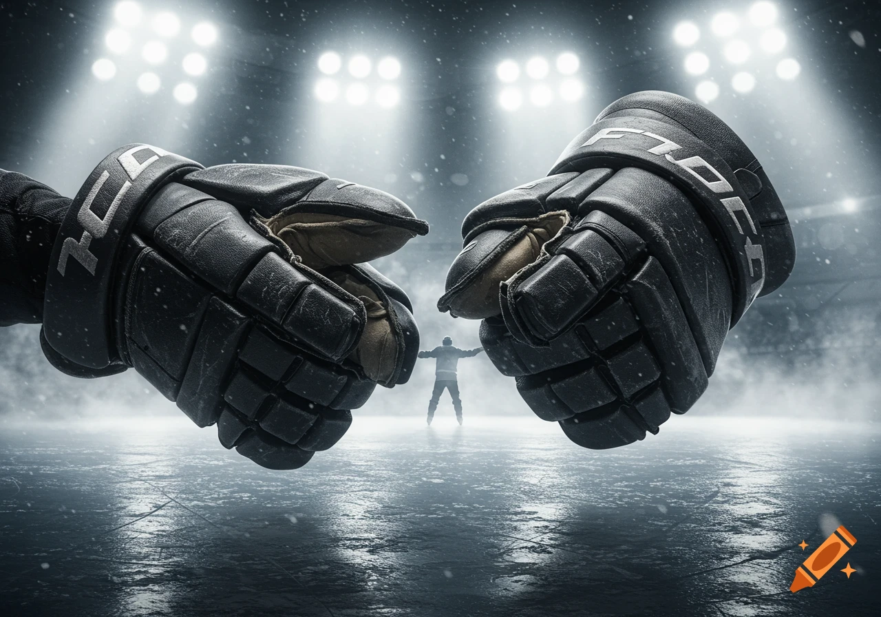 Two large hockey gloves on an icy rink, a silhouetted player in the distance under stadium lights. Photorealistic.