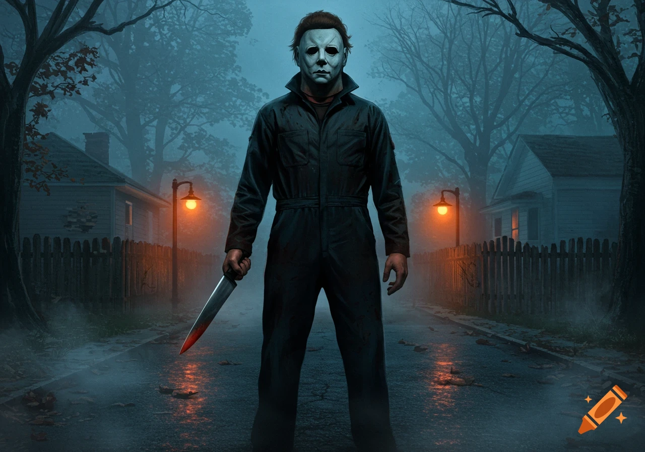 Michael Myers stands in the middle of a foggy, wet street at night, holding a bloody knife. Houses and streetlights are visible in the background.
