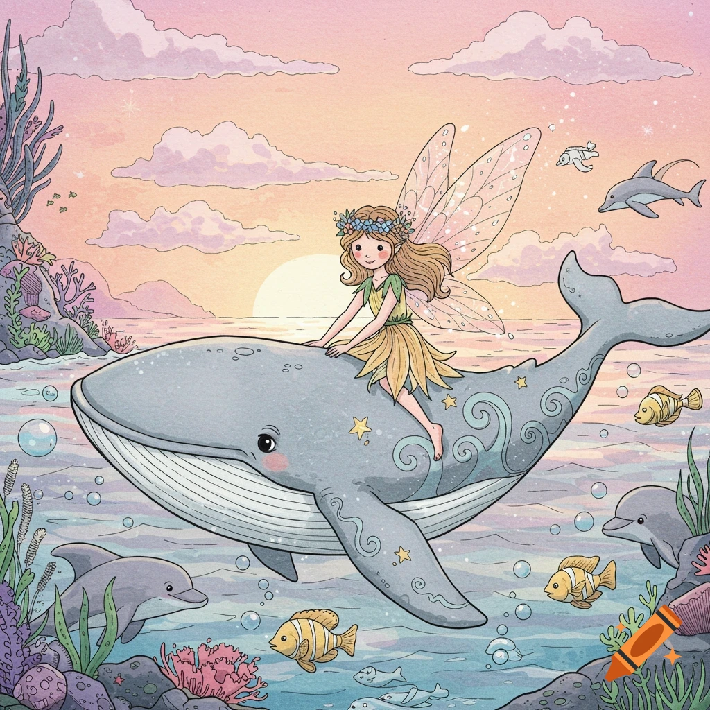 A whimsical fairy rides a whale through a vibrant ocean with marine life and a sunset, in a children's illustration style.