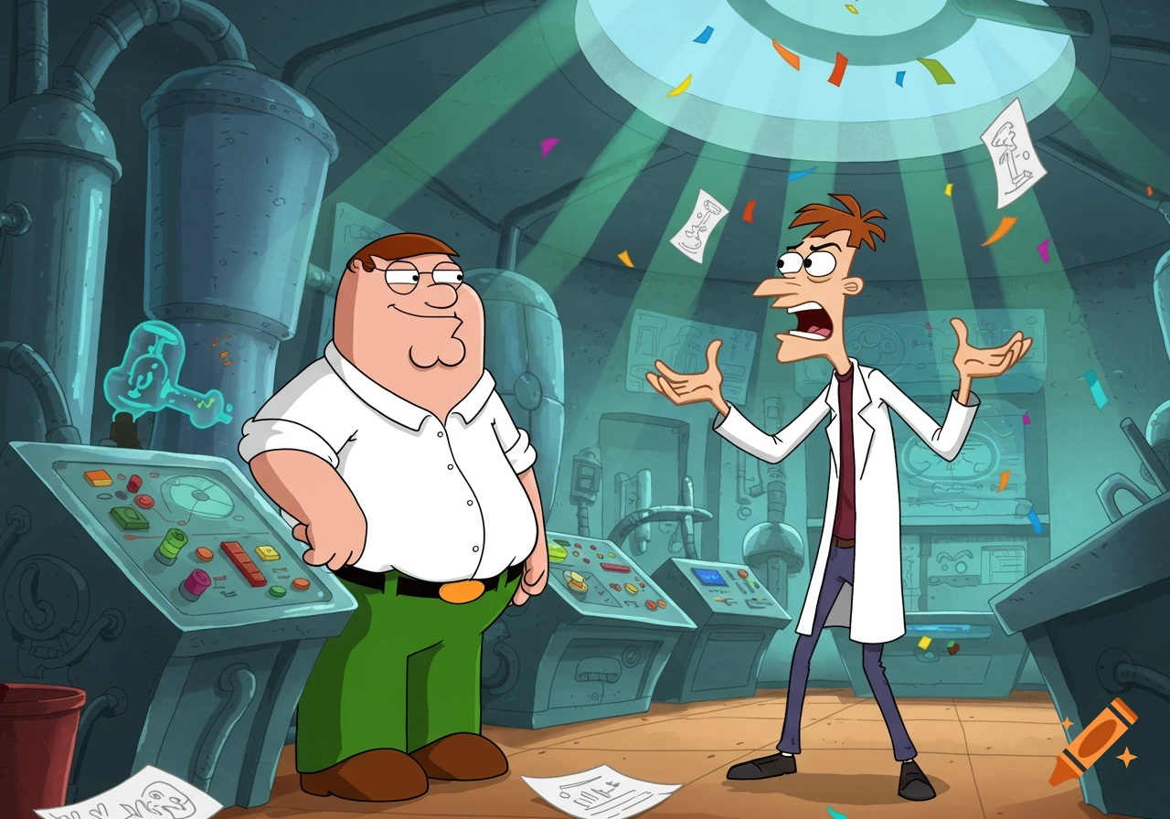 Peter Griffin and Dr. Heinz Doofenshmirtz in a cartoon laboratory, with Doofenshmirtz looking distressed and Peter looking confident as confetti falls.