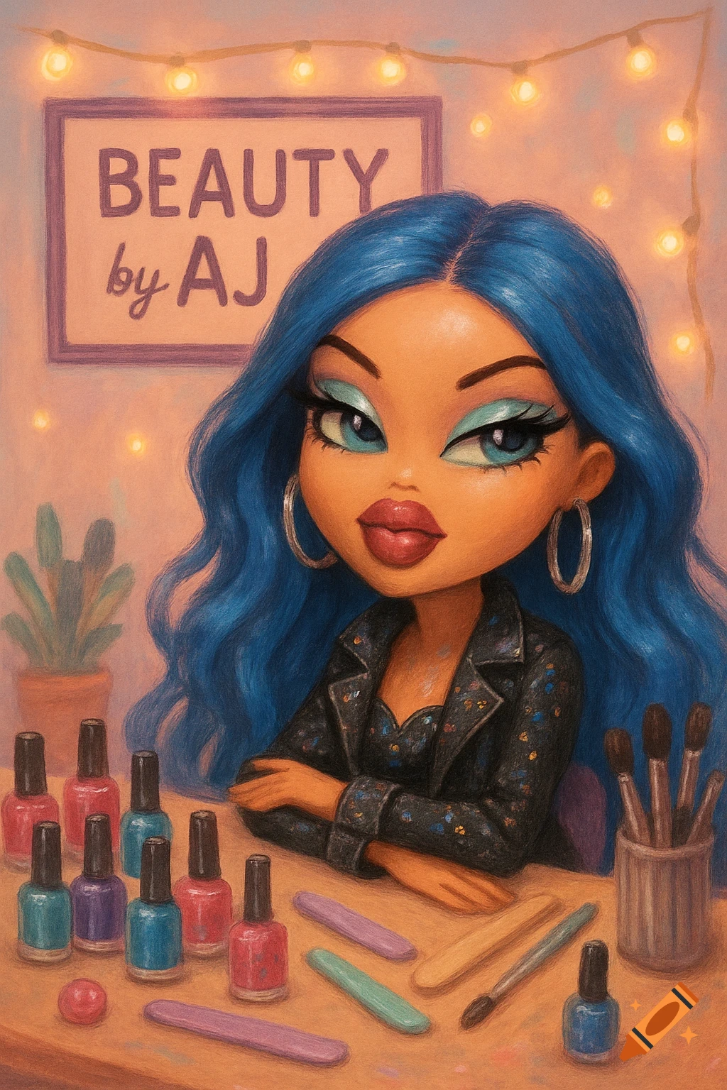A stylized Bratz doll with blue hair and glamorous makeup, sitting at a table with nail polish bottles and beauty tools, under a 'Beauty by AJ' sign.