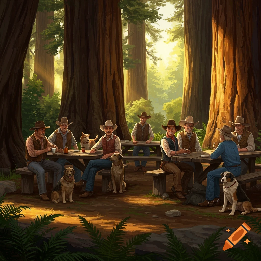 A group of cowboys and dogs sit at picnic tables in a sunlit redwood forest, enjoying a meal and cards.