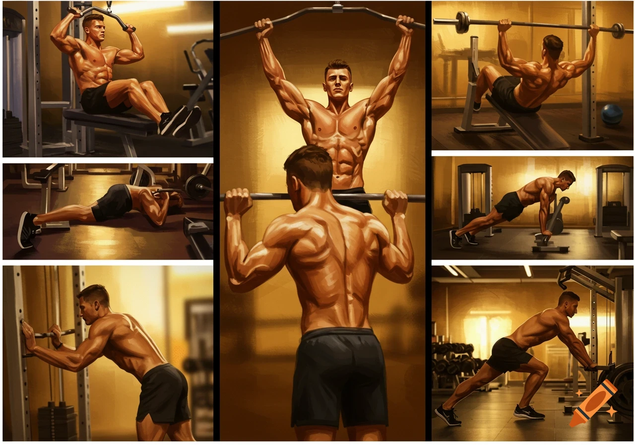 Illustrated collage of a muscular man performing various exercises in a gym, including seated rows, shoulder presses, and push-ups.