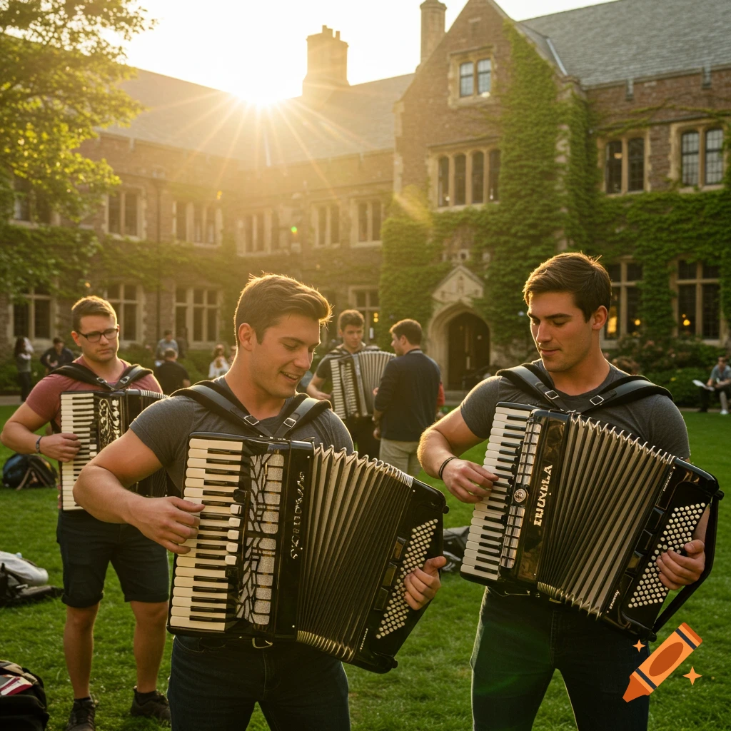 Several young men play accordions on a sunny grassy lawn in front of an ivy-covered college building.