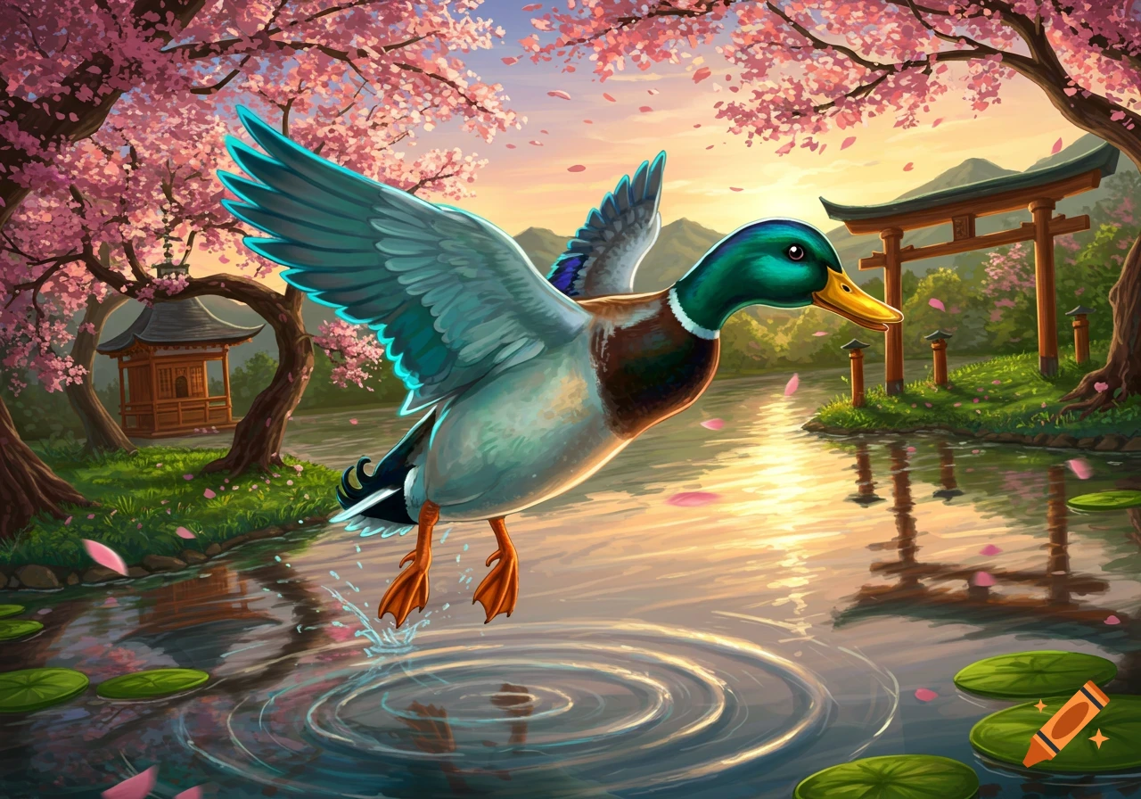A vibrant anime illustration of a mallard duck taking flight from water in a Japanese landscape with cherry blossoms and a torii gate.
