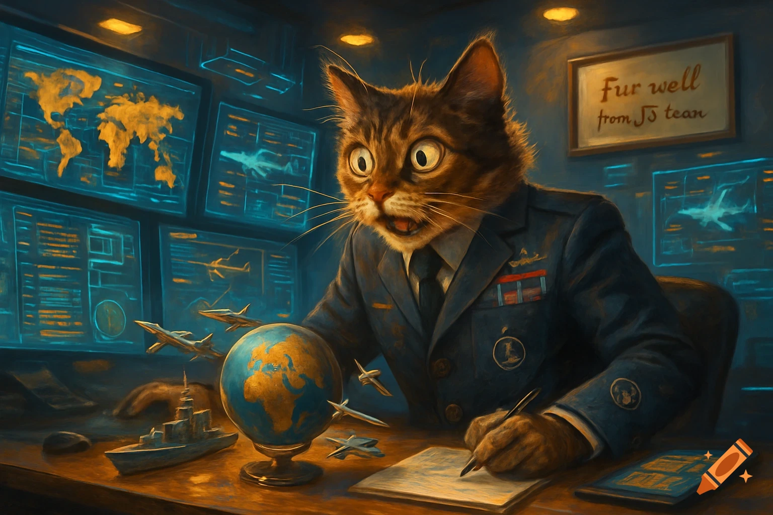 An anthropomorphic cat in a military uniform looks wide-eyed and stressed while writing at a desk in a control room, surrounded by glowing screens with maps and aircraft, a globe, and miniature military vehicles.