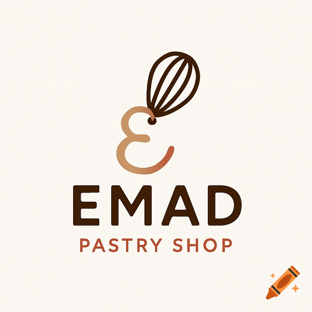 Minimalist logo for Emad Pastry Shop with a stylized 'E' combined with a whisk, in warm brown and red tones.