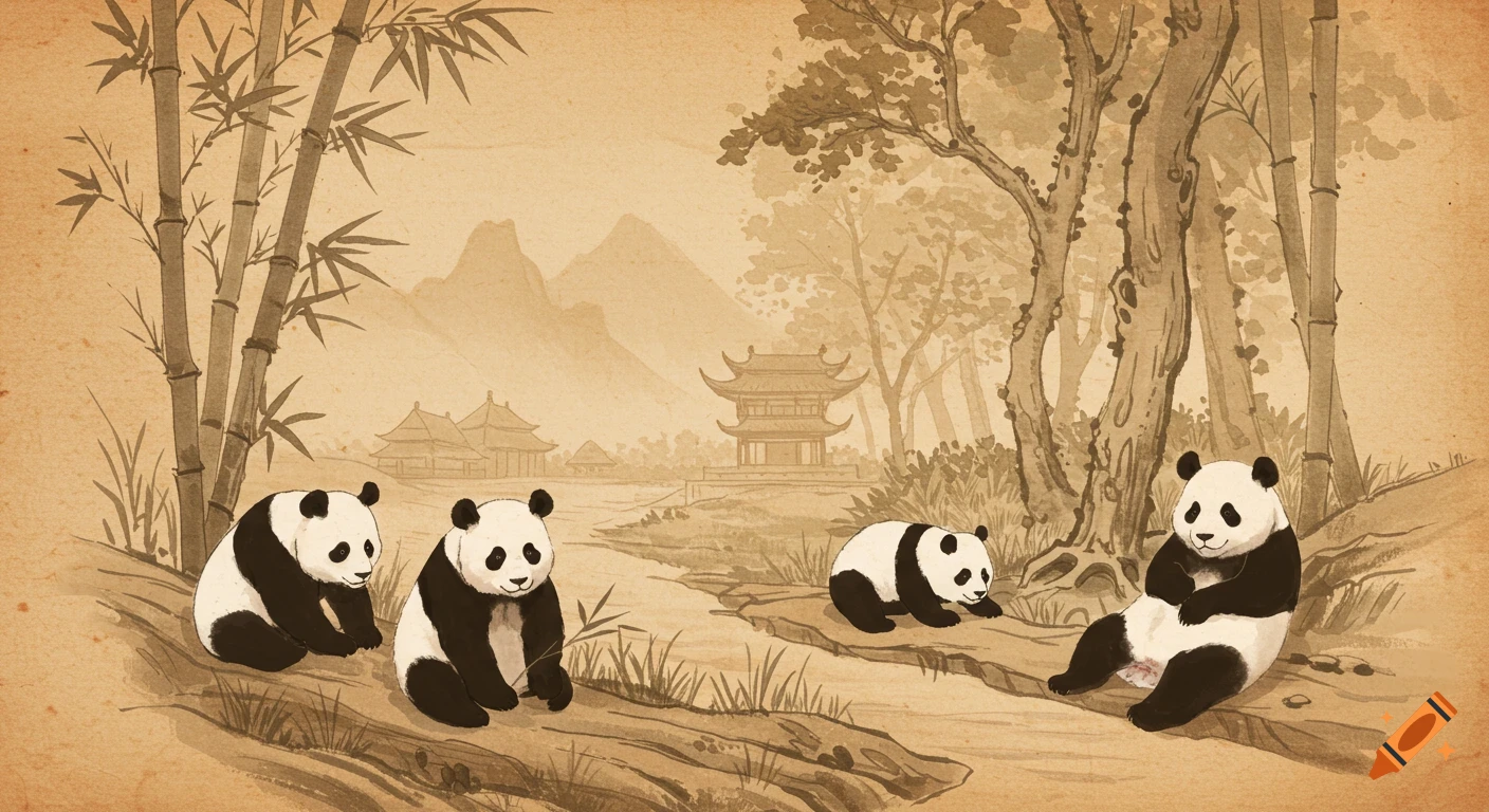 Four pandas in an ancient Chinese scroll painting style, with bamboo, trees, and traditional buildings in a warm ink-toned landscape.