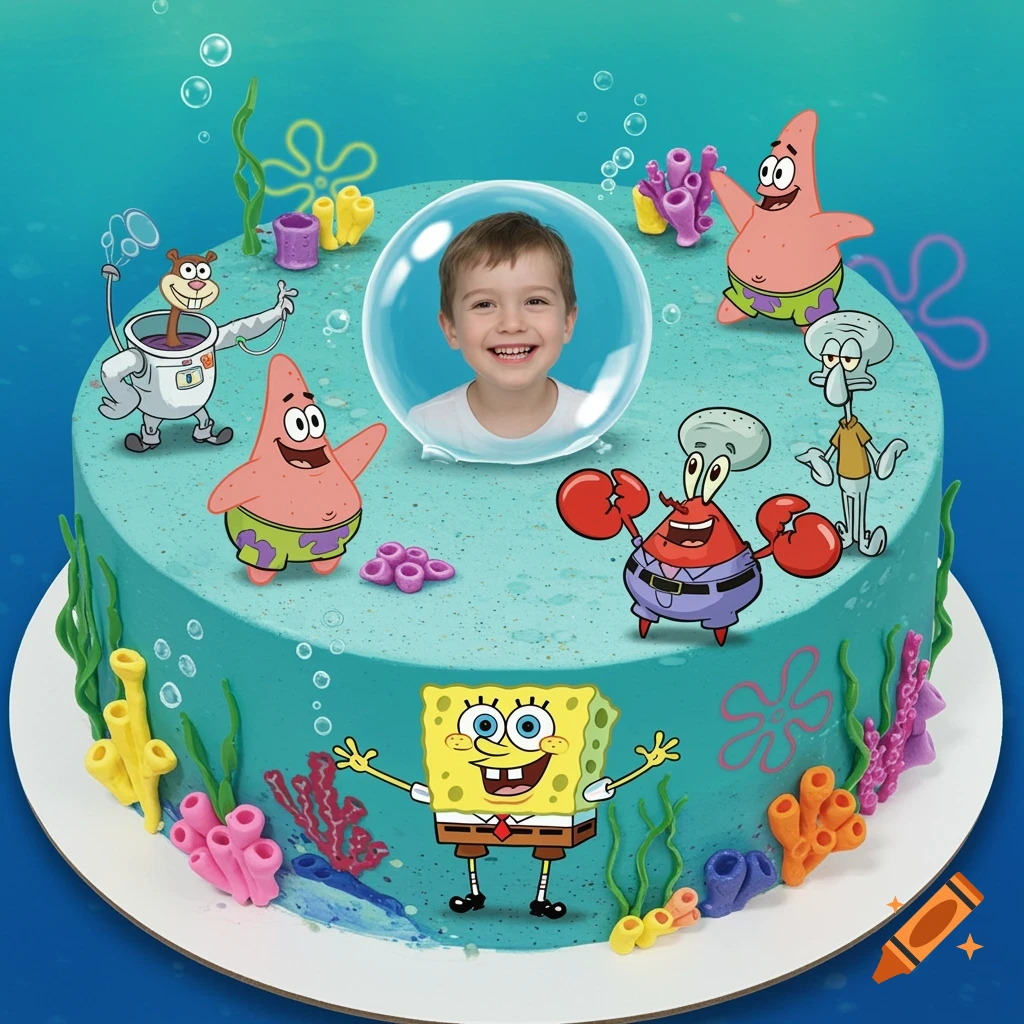Spongebob-themed birthday cake with a child's smiling face in a bubble, surrounded by Spongebob characters.