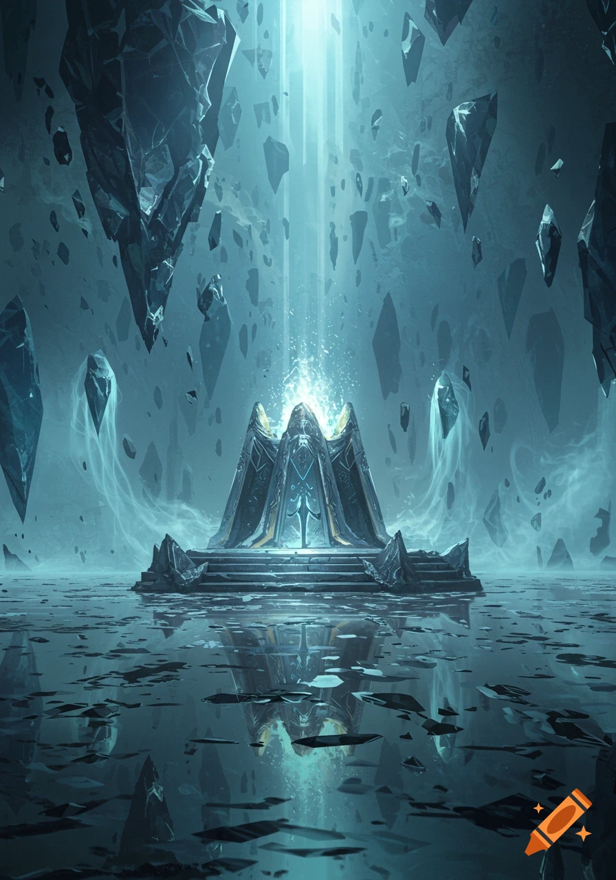 A glowing, crystalline structure on a reflective surface, surrounded by floating ice shards in a mystical blue void. Digital art.