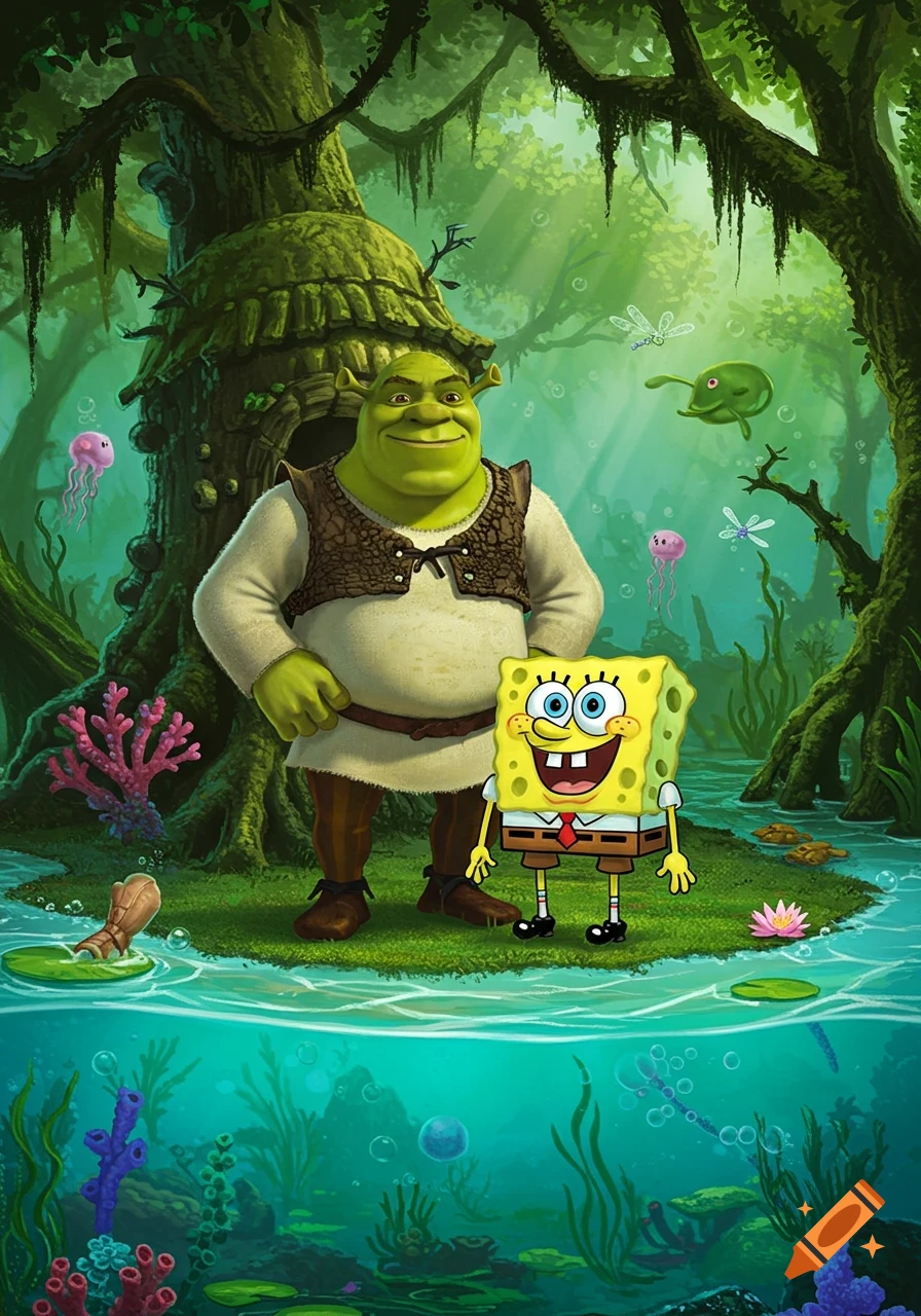 Shrek and Spongebob stand together on a small grassy island in a vibrant, green swamp with a large tree house and underwater life. Stylized illustration.