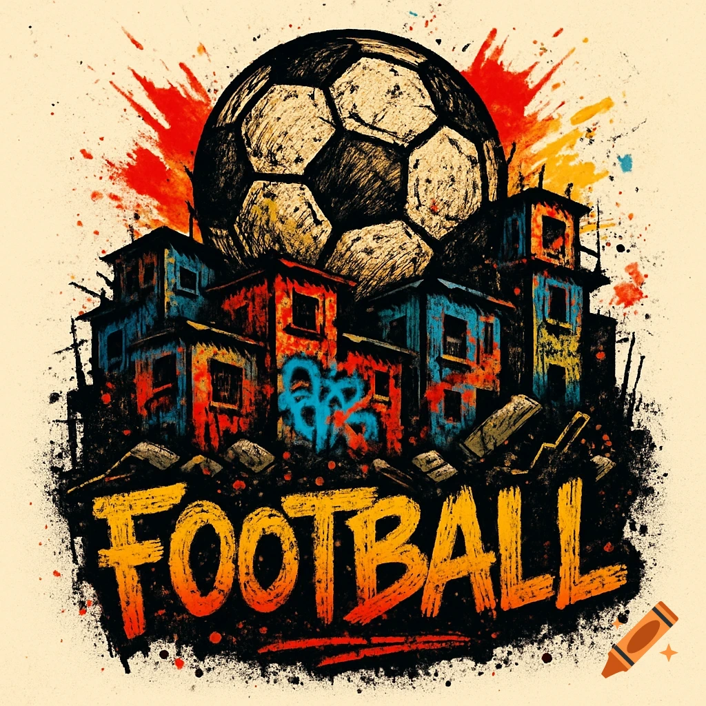 Grunge graffiti art of a football over colorful slum buildings with 'FOOTBALL' text.