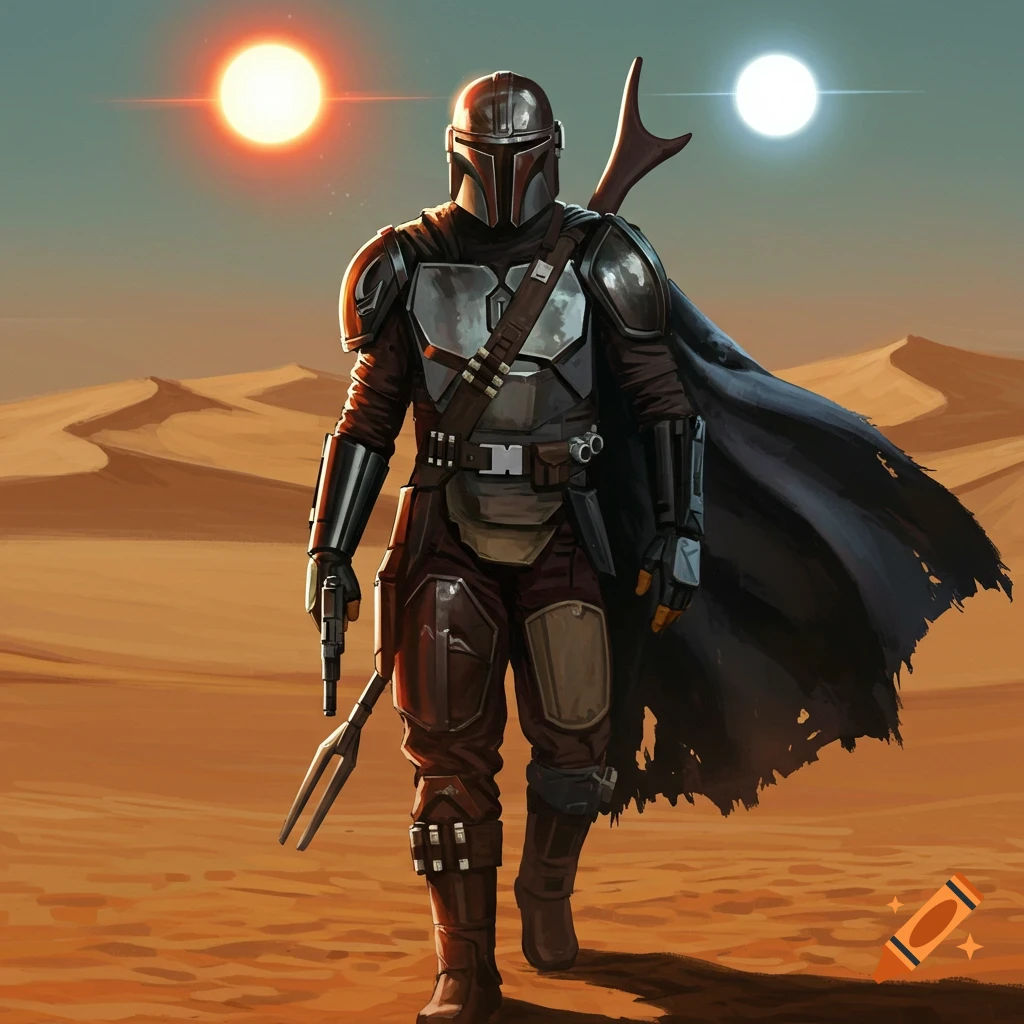 A Mandalorian warrior in bronze armor and a black cape walks through a desert under twin suns, holding a blaster and a two-pronged spear.
