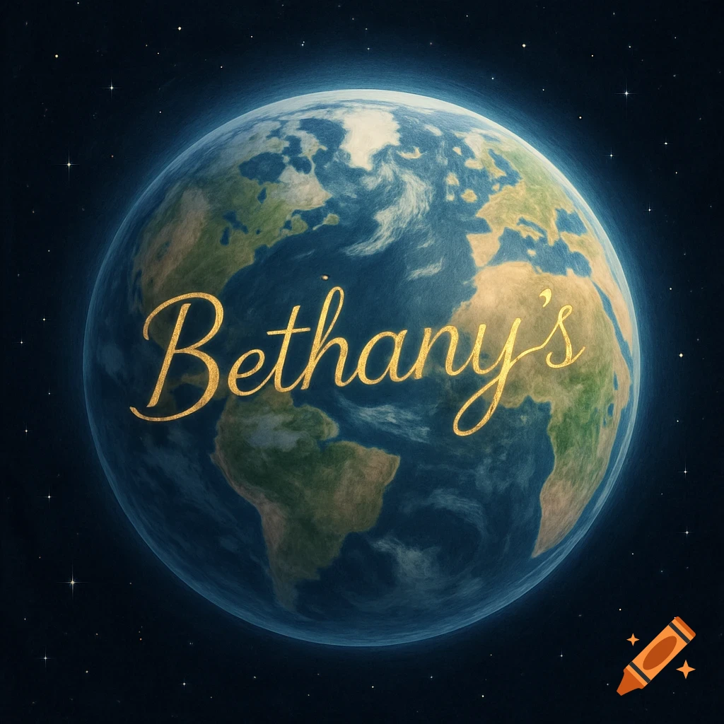 The golden word "Bethany's" in script font over a detailed Earth set against a starry cosmic background.