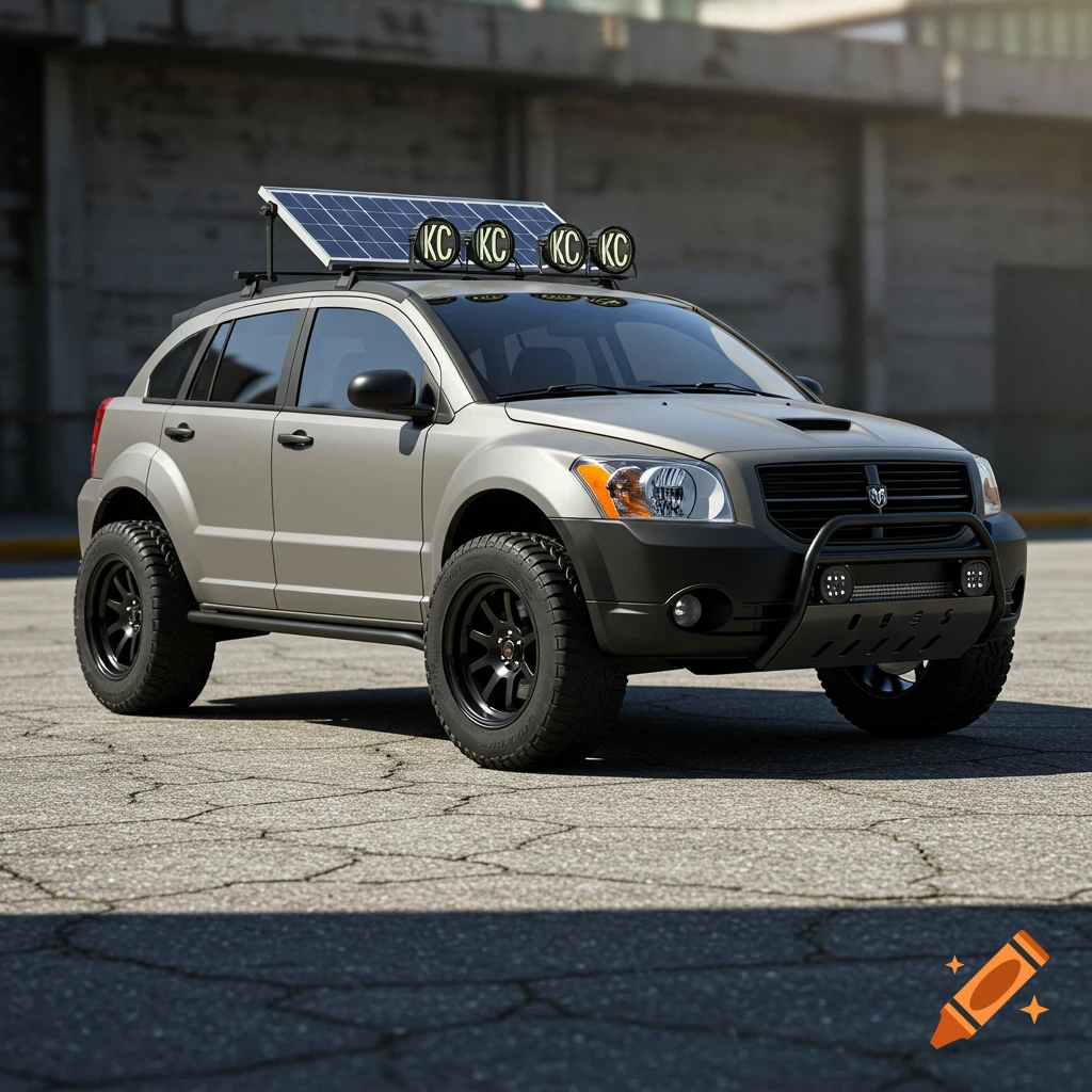 A beige modified Dodge Caliber SUV with a bullbar, lifted suspension, off-road tires, a solar panel and KC lights on the roof, parked on asphalt.