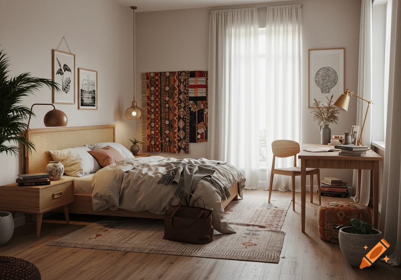 A stylish, well-lit bedroom with a wooden bed, a desk with books, patterned rugs, and indoor plants.