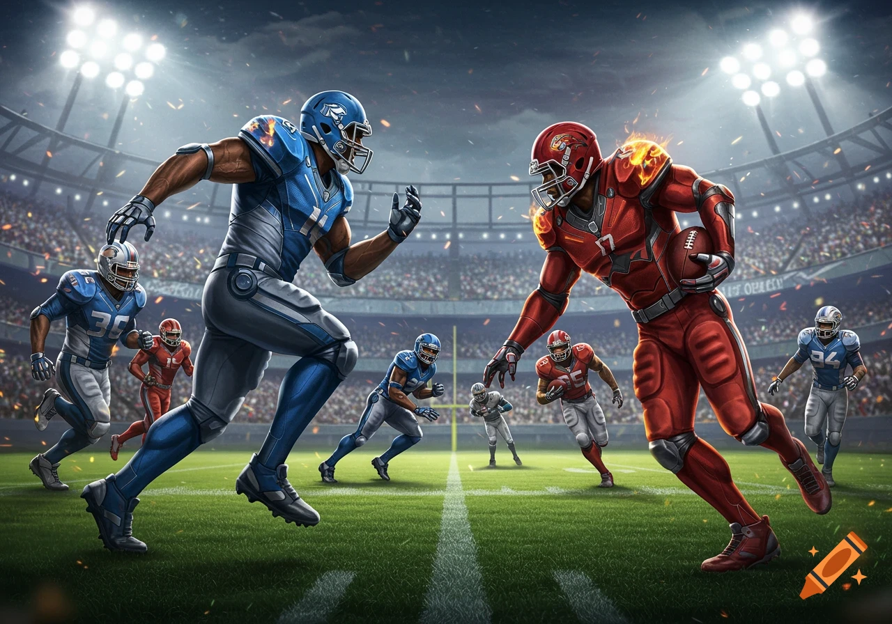 Dynamic digital art of two fantasy American football teams, one blue and one red with fire effects, clashing on a stadium field.
