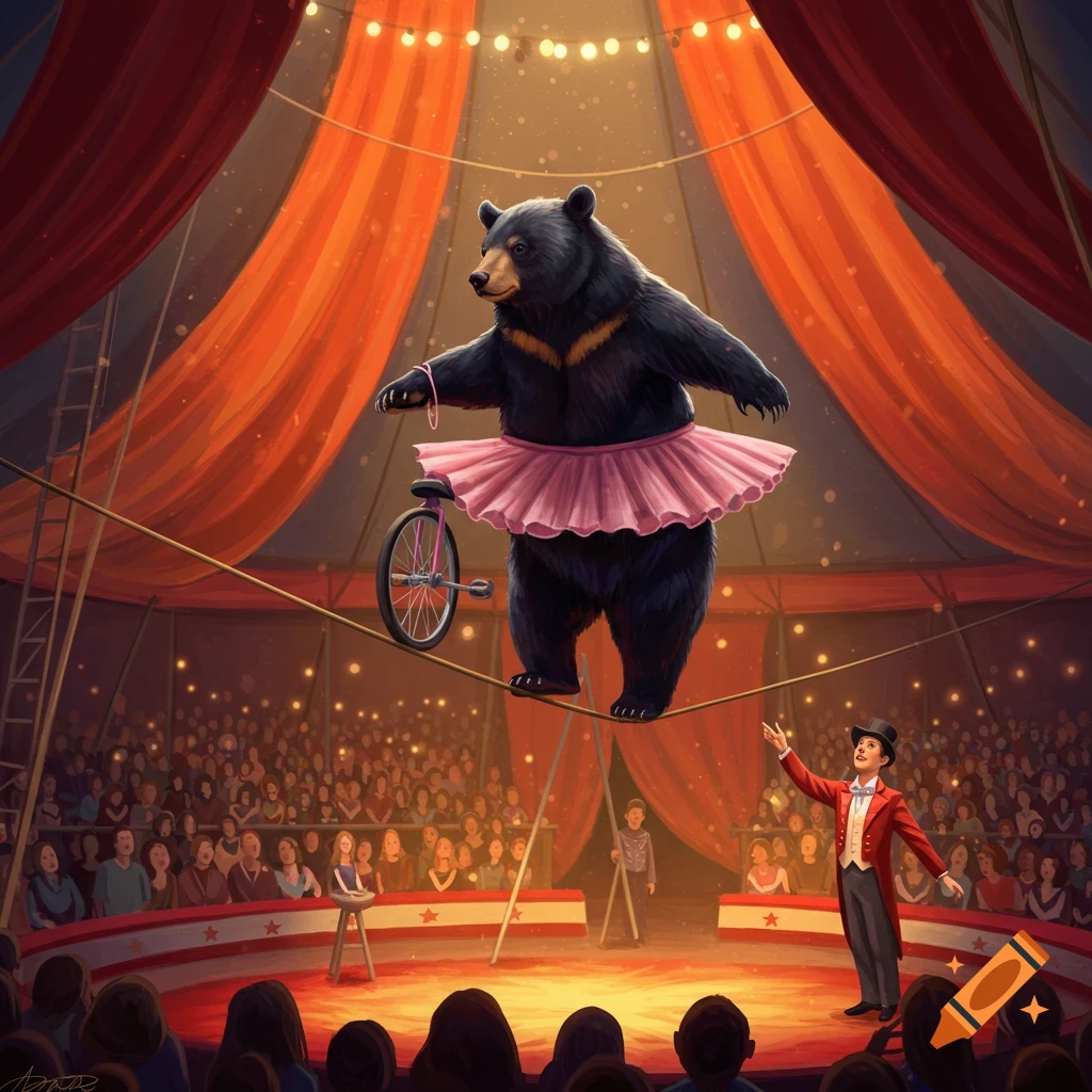 Black bear in a pink tutu rides a unicycle on a high wire in a circus tent with a ringmaster and audience.