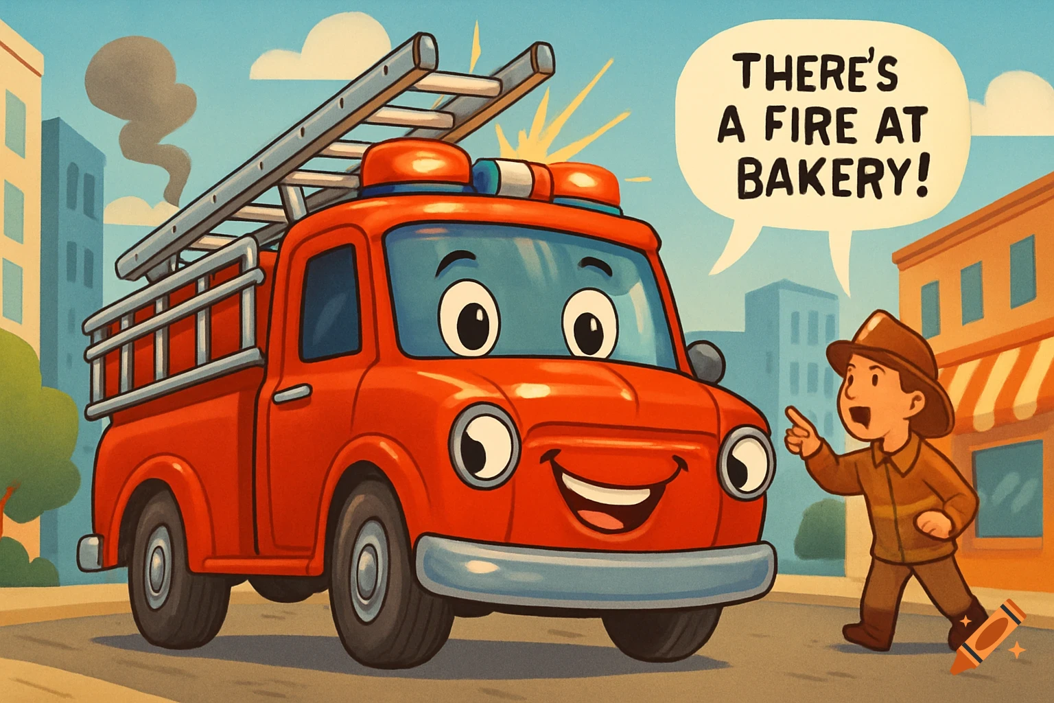 A cheerful cartoon fire engine and firefighter in a city, with a speech bubble saying 'THERE'S A FIRE AT BAKERY!'.