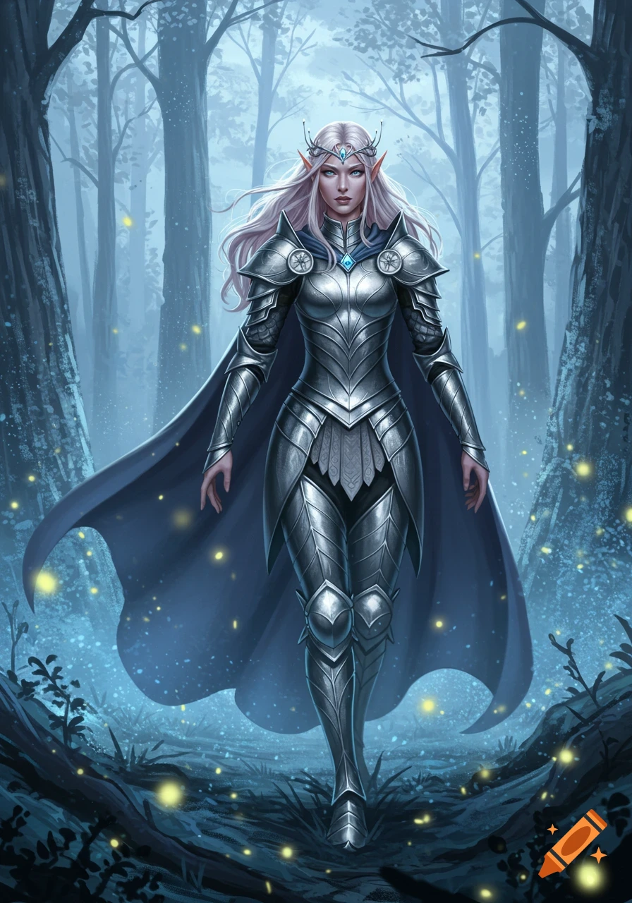 Elven warrior in silver armor walks through a misty, magical forest with glowing fireflies.