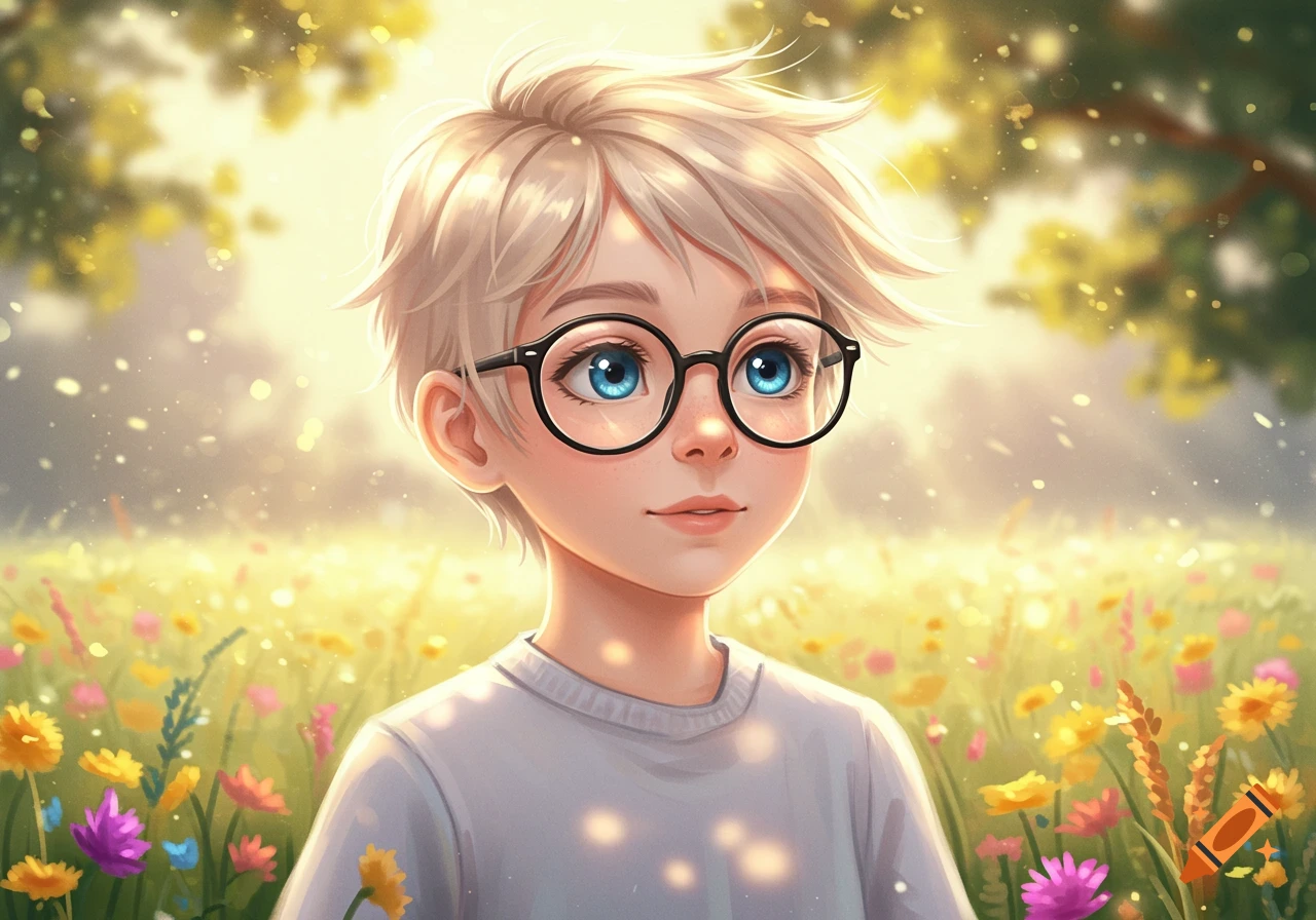 Blond boy with blue eyes and round glasses stands in a sunny field of colorful flowers, bright digital illustration style.