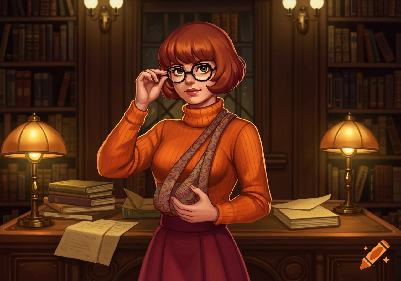 Velma from Scooby-Doo in a library, wearing glasses, an orange turtleneck, and a red skirt, with her arm in a patterned sling.