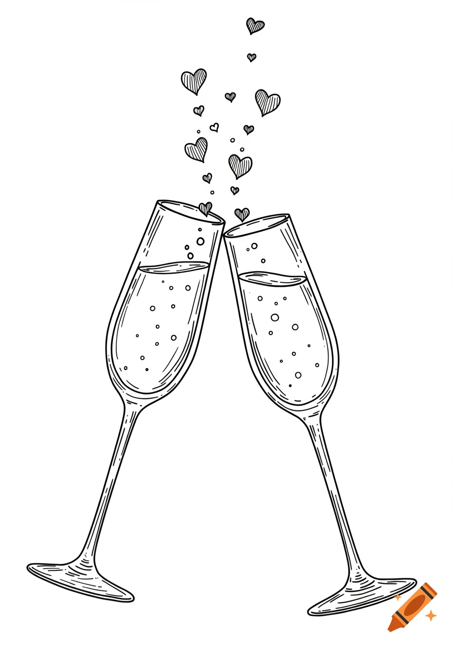 Black and white line drawing of two champagne flutes clinking together, with small hearts and bubbles rising from the liquid.