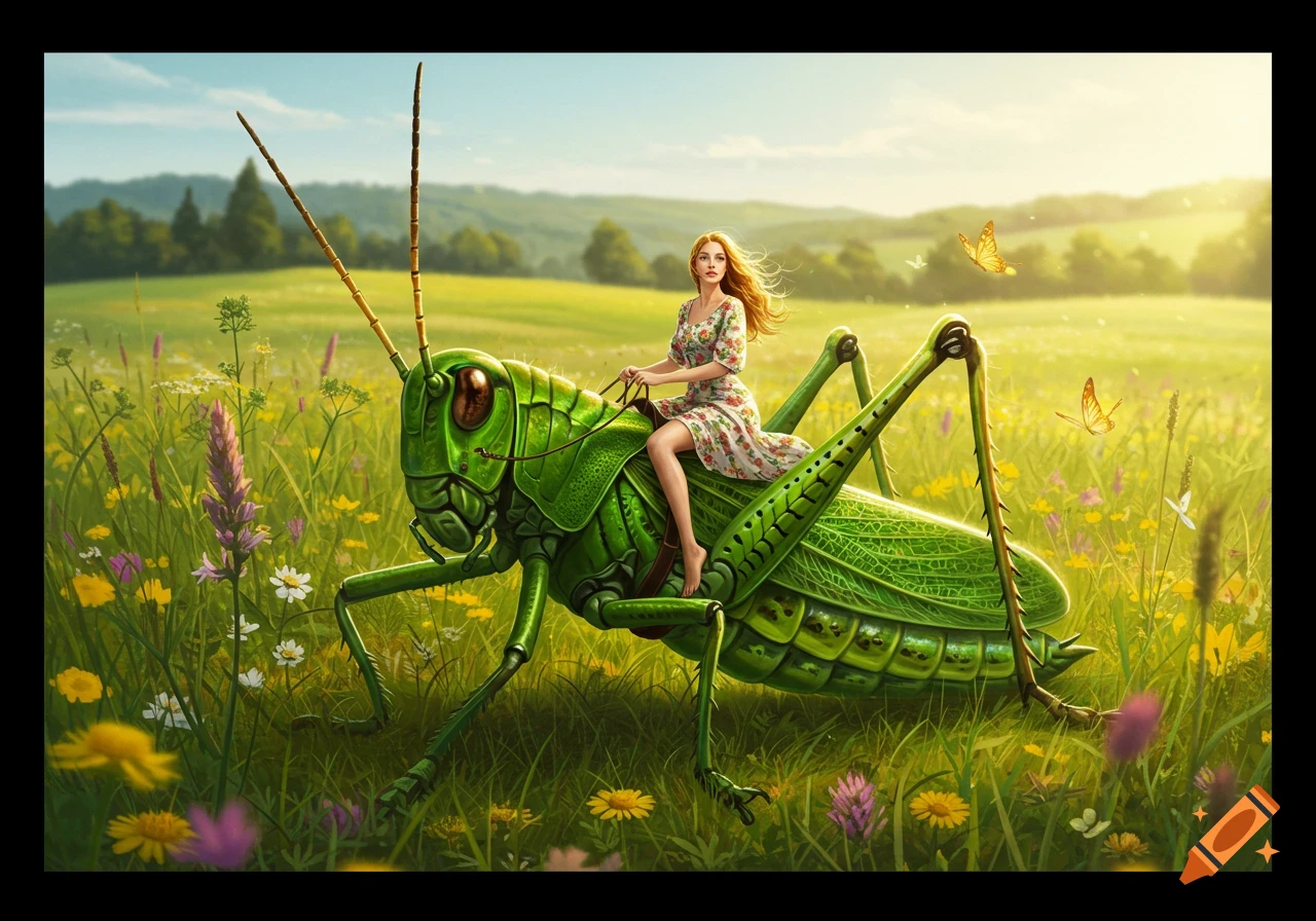 A woman rides a giant green grasshopper through a sunny meadow with wildflowers and butterflies. Detailed illustration.