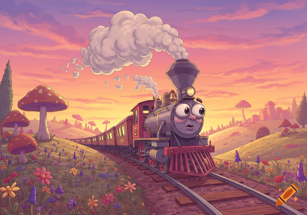 A wide-eyed cartoon train travels through a whimsical mushroom and flower landscape at sunset in an illustrative style.