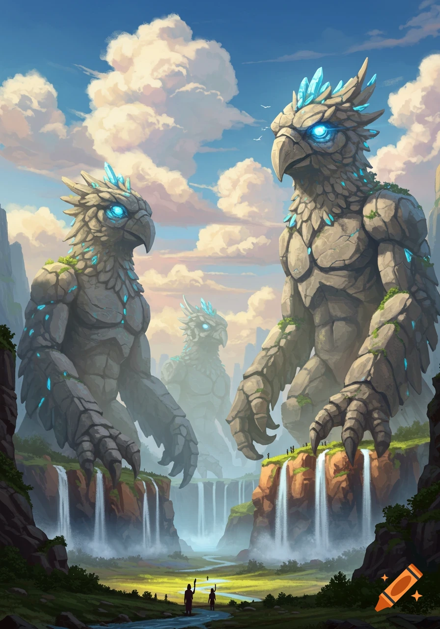 Two colossal stone bird-giants with glowing blue eyes stand in a lush valley with waterfalls, observed by tiny humans.