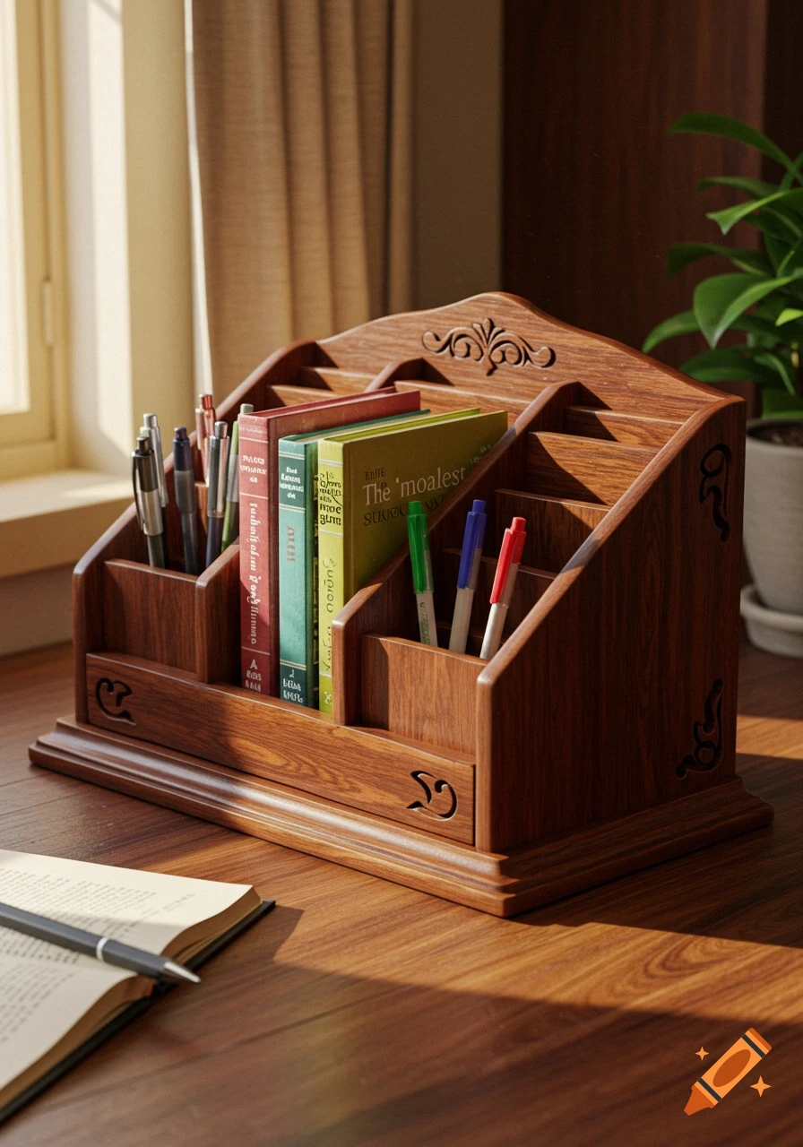 A wooden desk organizer filled with books and pens sits on a desk, with an open book and pen in the foreground.
