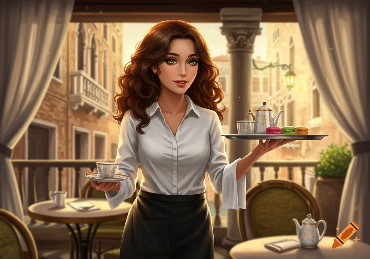 Digital art of a smiling female waiter with brown curly hair, holding a teacup and a tray with a teapot and macarons on a cafe balcony.