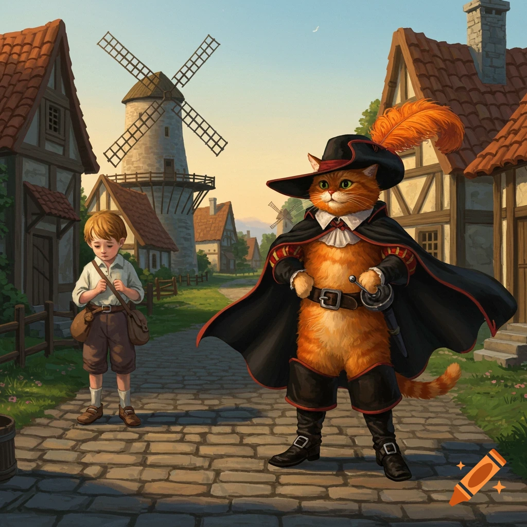 An anthropomorphic orange cat in a cape and hat stands on a cobblestone path facing a sad boy, with a village and windmill in the background.