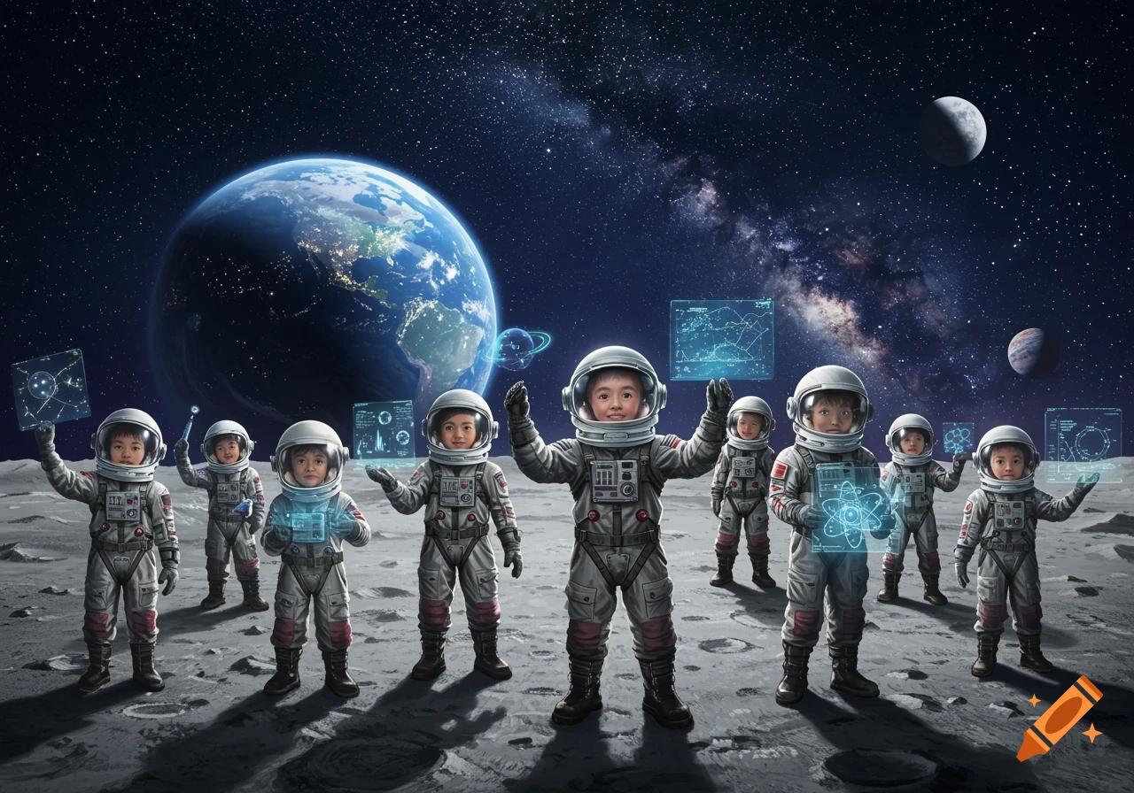 Children in astronaut suits stand on the moon's surface, holding glowing holographic screens, with Earth and stars behind them.