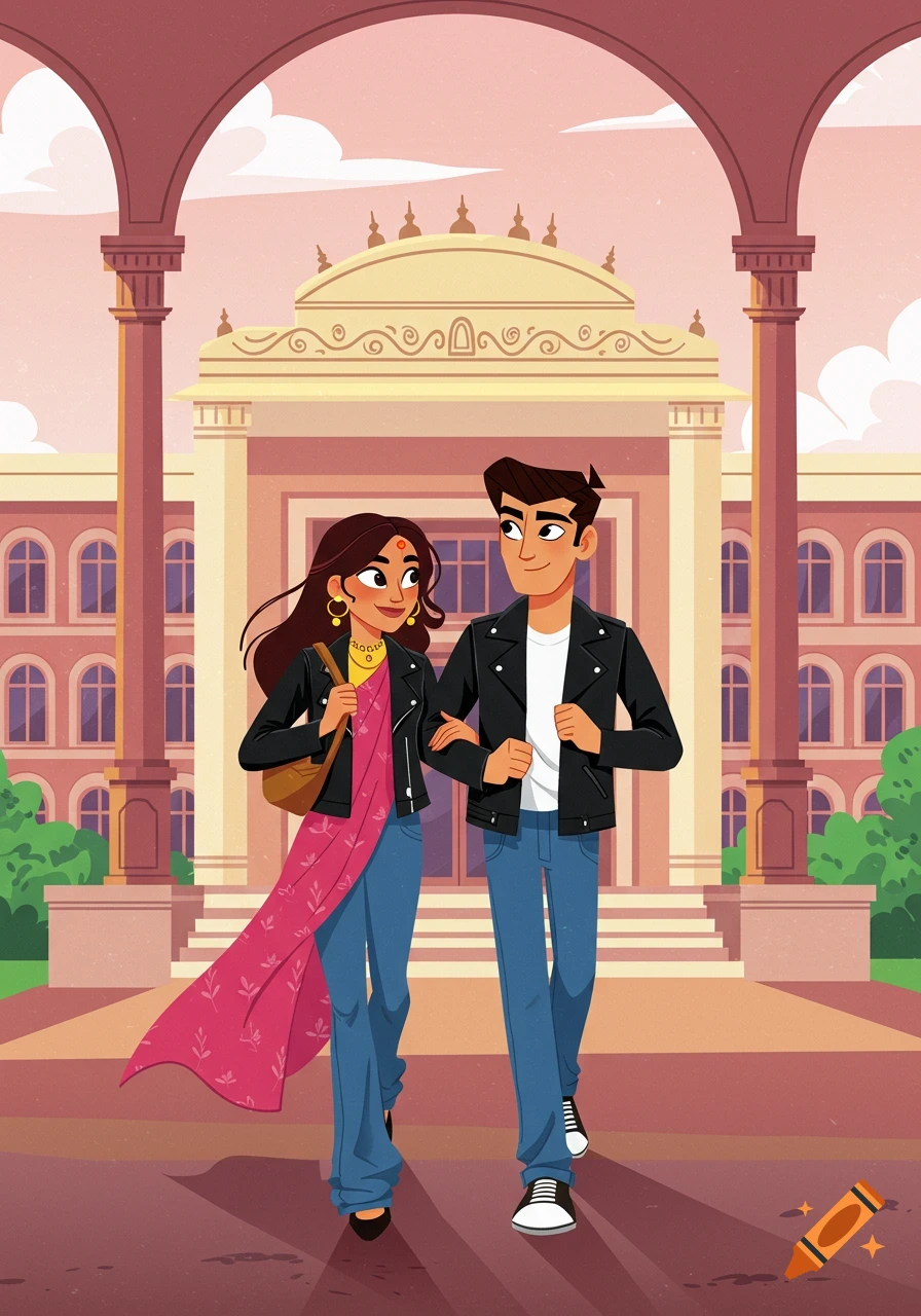 A cartoon couple in a college setting, blending Western and Indian fashion, walking arm-in-arm under arched porticos.