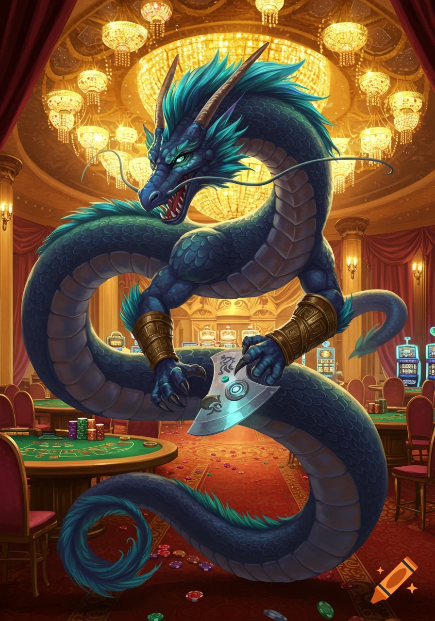 A blue-green fantasy dragon holds a glowing duel disk in a lavish casino with poker tables and slot machines.