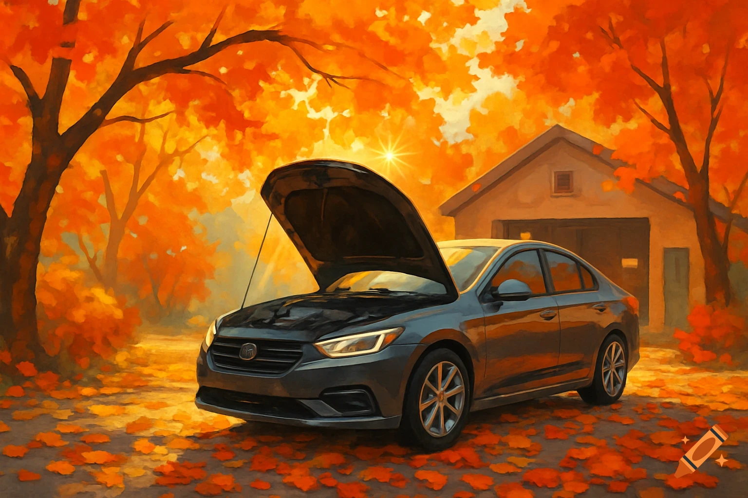 A gray car with its hood open, surrounded by vibrant orange autumn leaves in a painterly style.