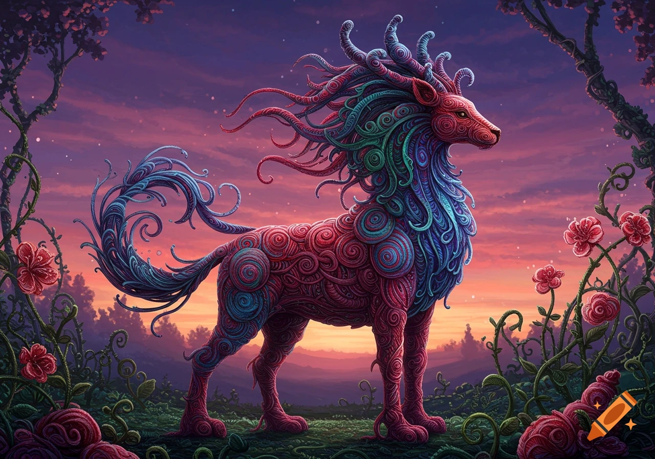 A vibrant fantasy creature made of swirling red, blue, and teal yarn stands in an enchanted forest at sunset, surrounded by glowing plants.