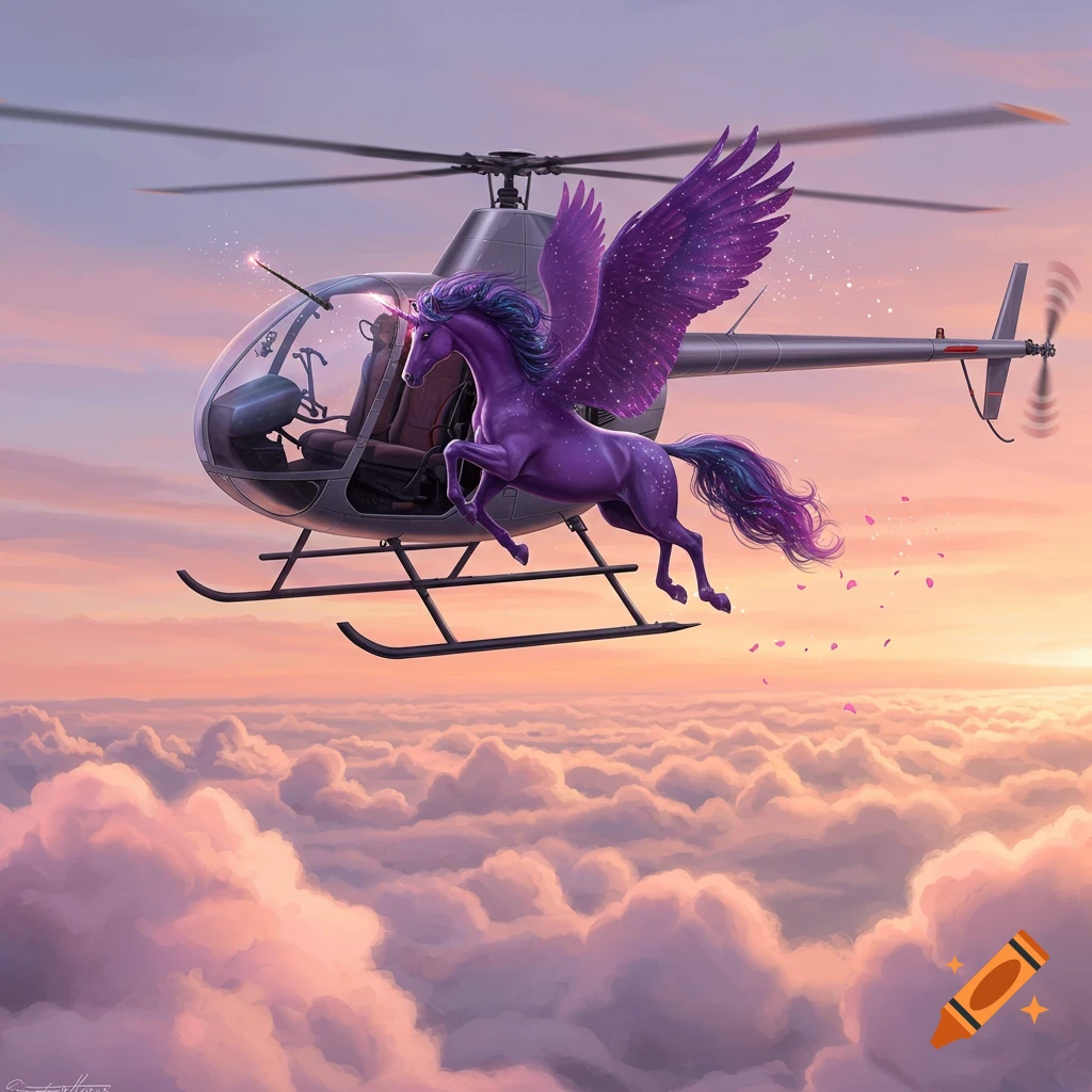 A majestic purple unicorn with sparkling wings flies next to a helicopter above fluffy pink clouds at sunset.