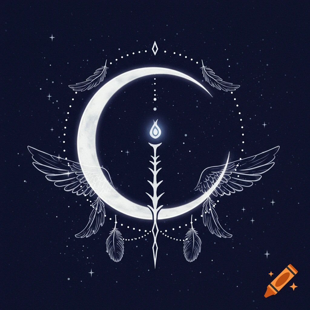 Stylized white crescent moon sigil with wings, feathers, a glowing central spine, and dots against a starry dark blue background.