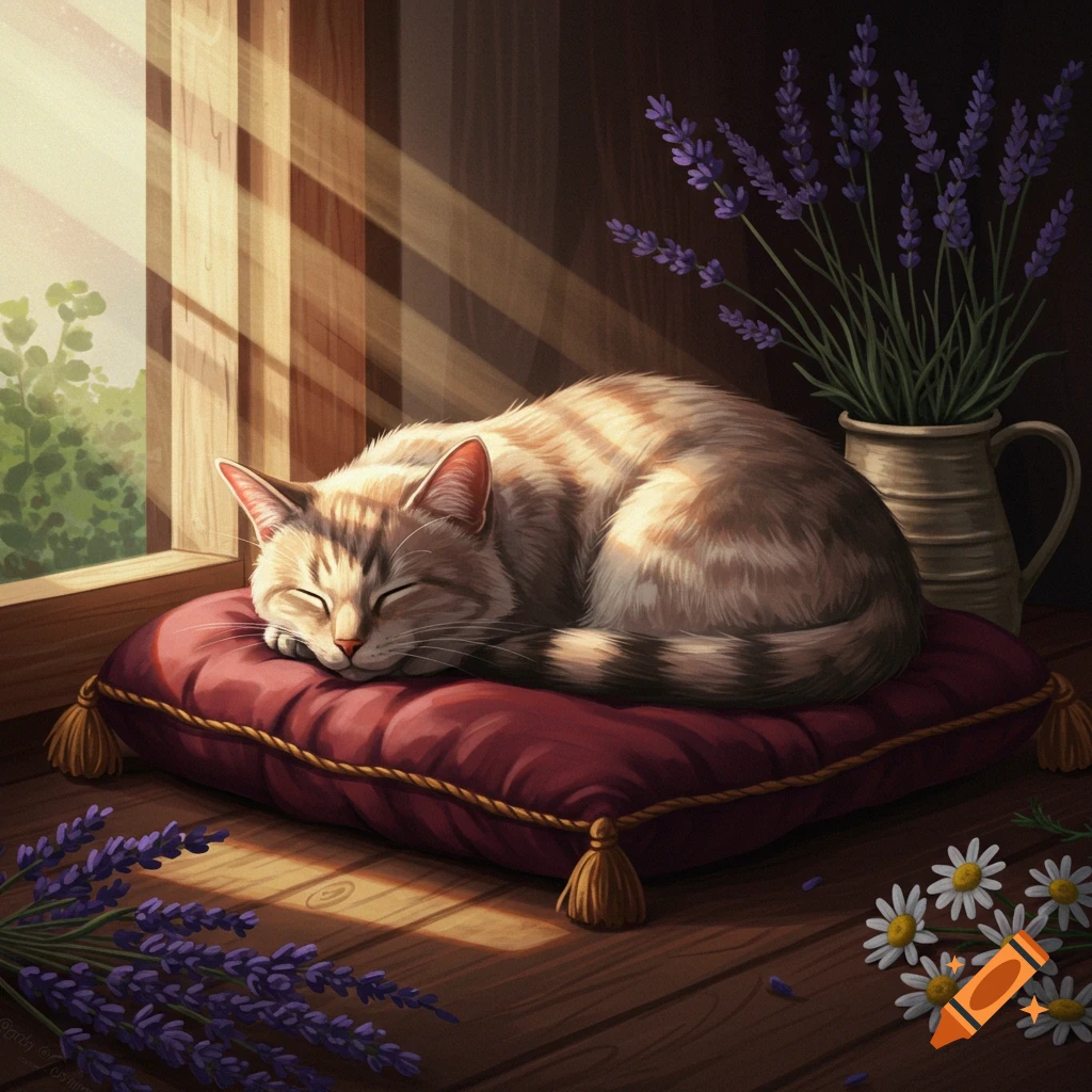 A serene tabby cat sleeps curled up on a red pillow, bathed in dappled sunlight next to a window, with lavender and daisies.